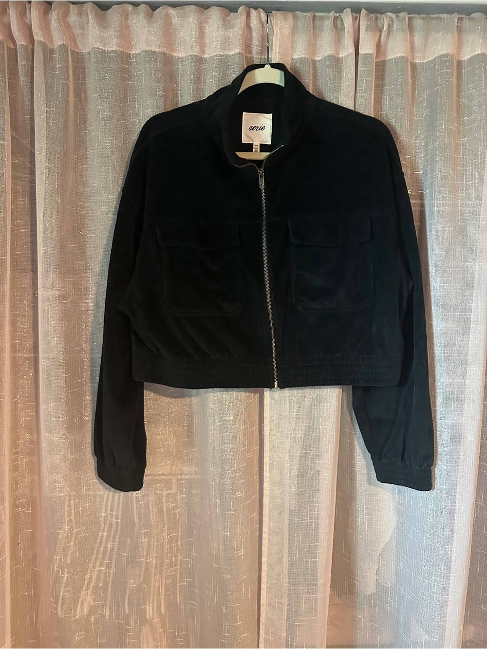 aerie Black Cropped Zip Bomber Jacket with Front Pockets